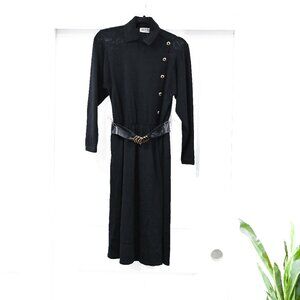 St John XS/S Vintage Santana Knit Black Midi Belted Dress Gold Detail